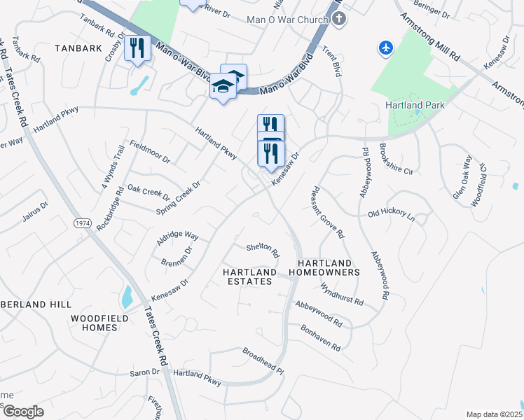 map of restaurants, bars, coffee shops, grocery stores, and more near 4833 Coral Creek Circle in Lexington