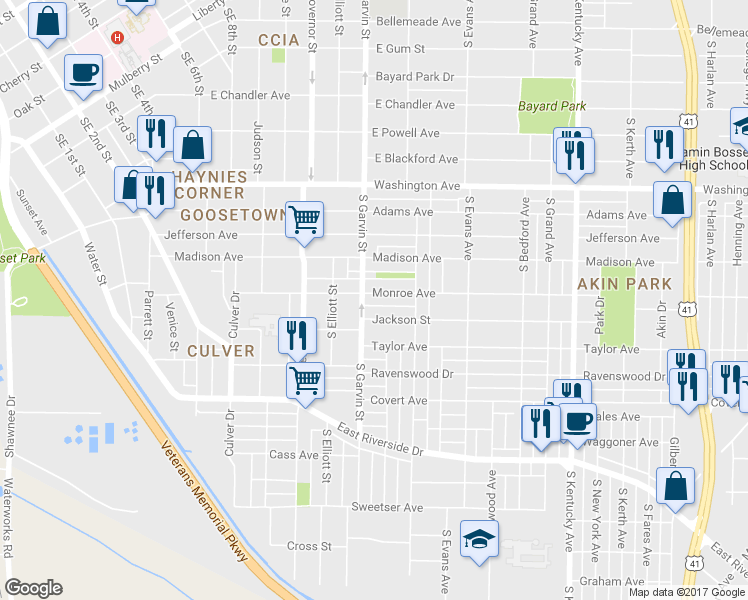 map of restaurants, bars, coffee shops, grocery stores, and more near 609 Monroe Avenue in Evansville