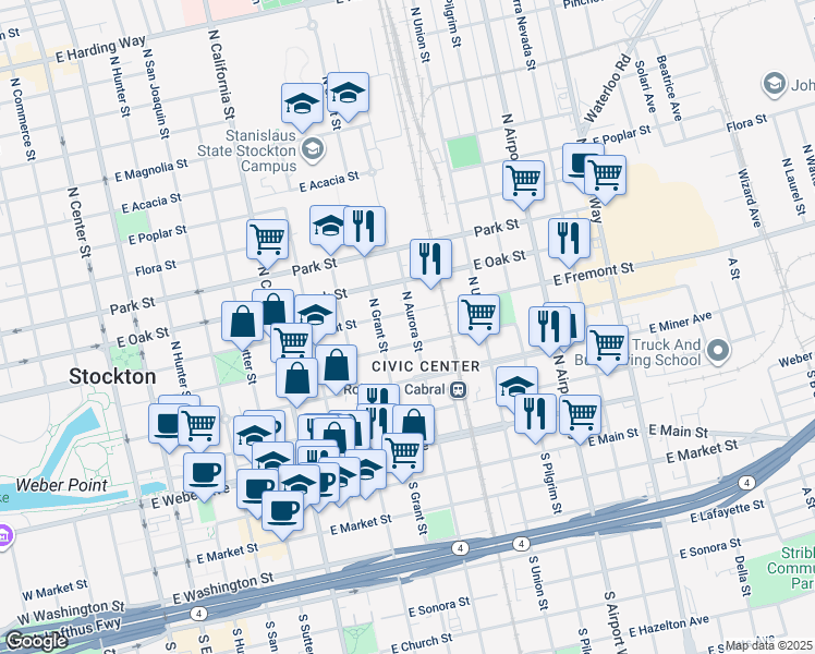 map of restaurants, bars, coffee shops, grocery stores, and more near 427 North Aurora Street in Stockton