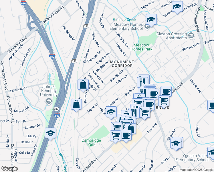map of restaurants, bars, coffee shops, grocery stores, and more near 1816 Sunshine Drive in Concord