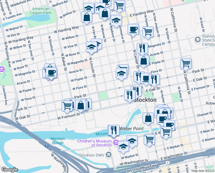 map of restaurants, bars, coffee shops, grocery stores, and more near 716 North Van Buren Street in Stockton