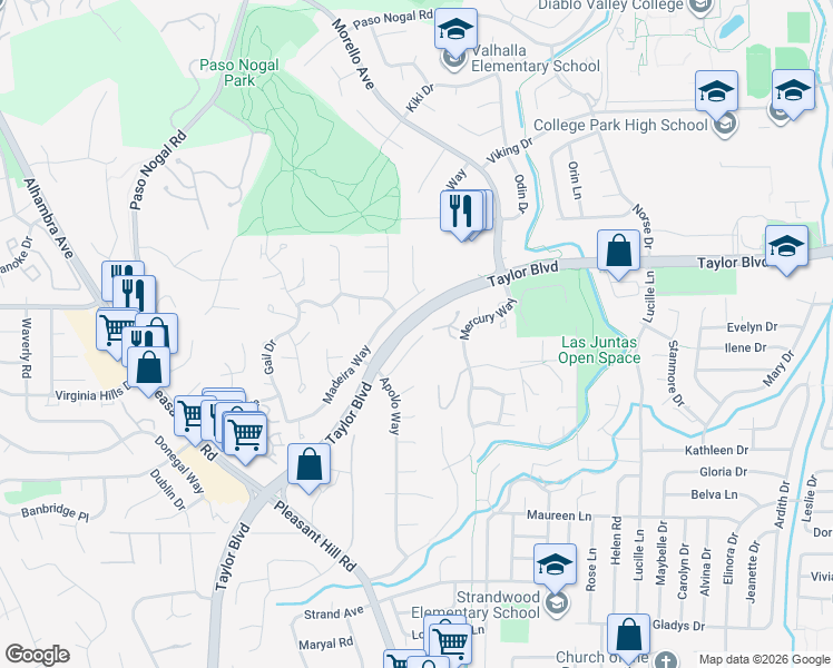 map of restaurants, bars, coffee shops, grocery stores, and more near 517 Wilbur Drive in Pleasant Hill