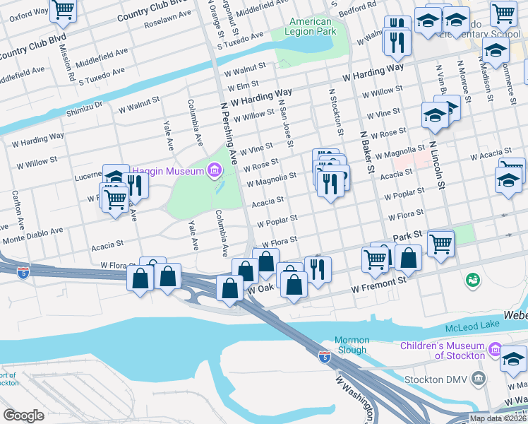 map of restaurants, bars, coffee shops, grocery stores, and more near 929 North Orange Street in Stockton