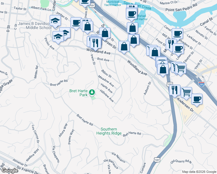 map of restaurants, bars, coffee shops, grocery stores, and more near 33 Harte Avenue in San Rafael