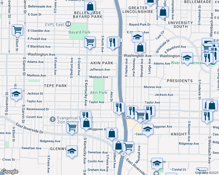 map of restaurants, bars, coffee shops, grocery stores, and more near 1221 Akin Drive in Evansville