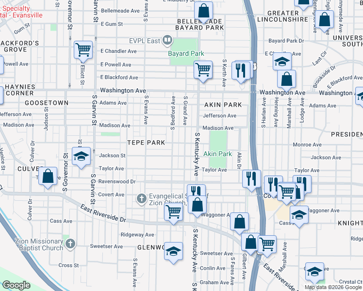 map of restaurants, bars, coffee shops, grocery stores, and more near 1303 S Grand Ave in Evansville