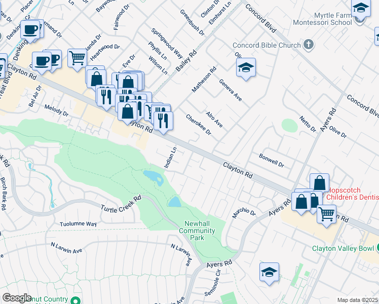 map of restaurants, bars, coffee shops, grocery stores, and more near 1495 Bassett Drive in Concord