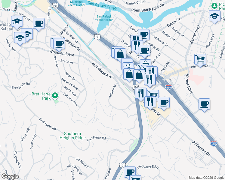 map of restaurants, bars, coffee shops, grocery stores, and more near 114 Auburn Street in San Rafael