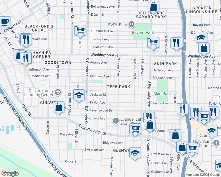 map of restaurants, bars, coffee shops, grocery stores, and more near 711 Monroe Avenue in Evansville