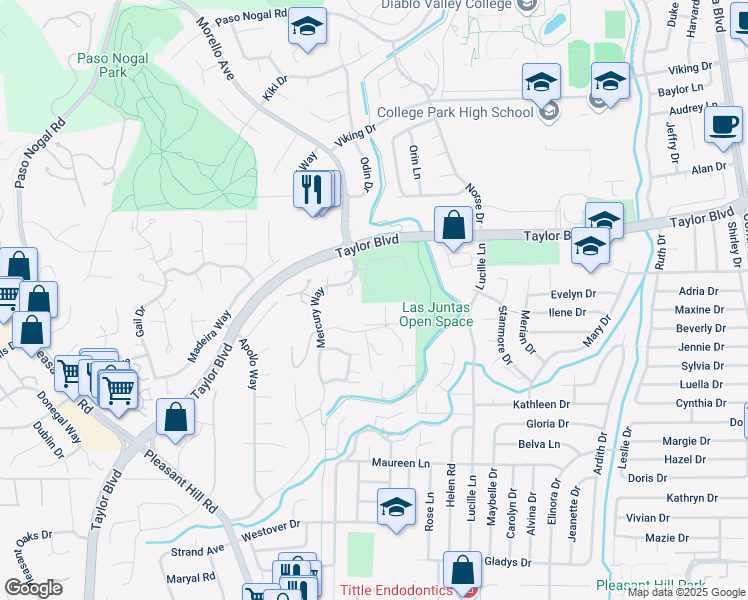 map of restaurants, bars, coffee shops, grocery stores, and more near 505 Tananger Heights Court in Pleasant Hill