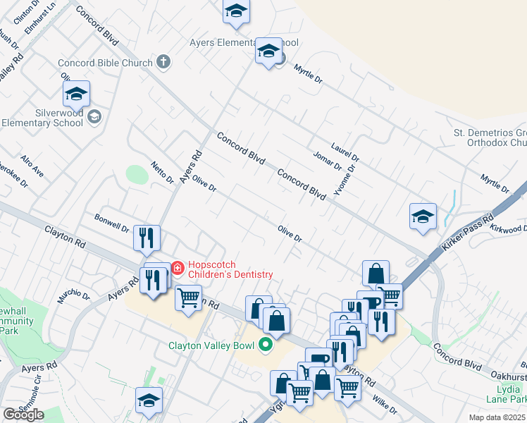 map of restaurants, bars, coffee shops, grocery stores, and more near 5199 Olive Drive in Concord