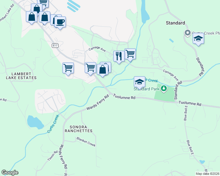 map of restaurants, bars, coffee shops, grocery stores, and more near 14698 Tuolumne Road in Sonora