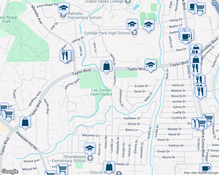 map of restaurants, bars, coffee shops, grocery stores, and more near 15 Fairfax Court in Pleasant Hill