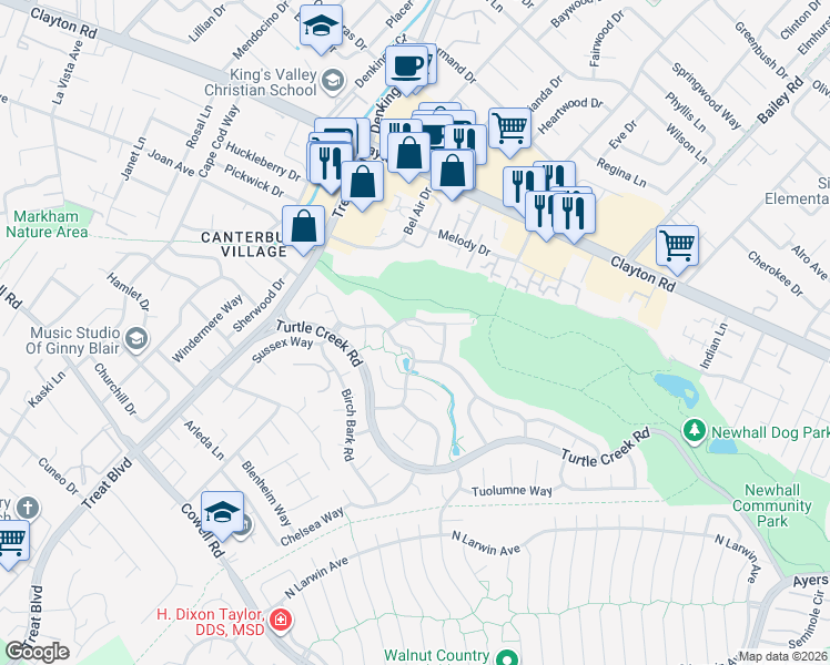 map of restaurants, bars, coffee shops, grocery stores, and more near 1325 Waterfall Way in Concord