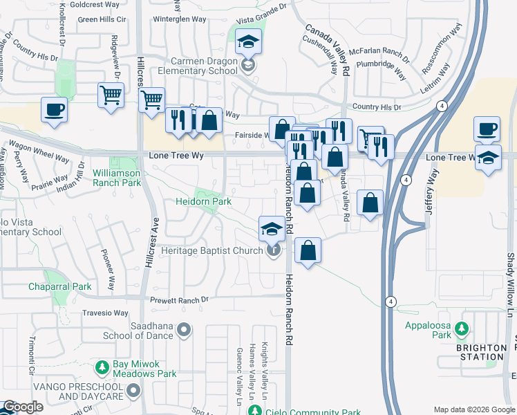 map of restaurants, bars, coffee shops, grocery stores, and more near 5209 Rainwood Way in Antioch