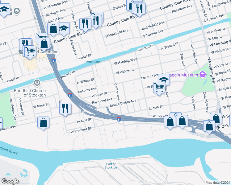 map of restaurants, bars, coffee shops, grocery stores, and more near 2108 West Rose Street in Stockton