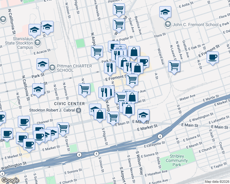 map of restaurants, bars, coffee shops, grocery stores, and more near 1415 East Miner Avenue in Stockton