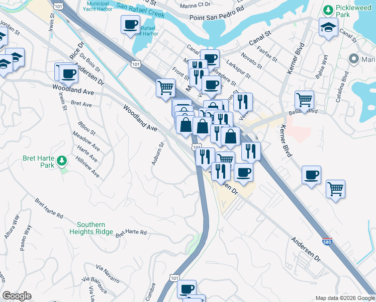 map of restaurants, bars, coffee shops, grocery stores, and more near Andersen Drive in San Rafael