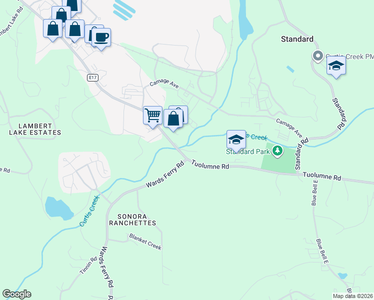 map of restaurants, bars, coffee shops, grocery stores, and more near 14698 Tuolumne Road in Sonora