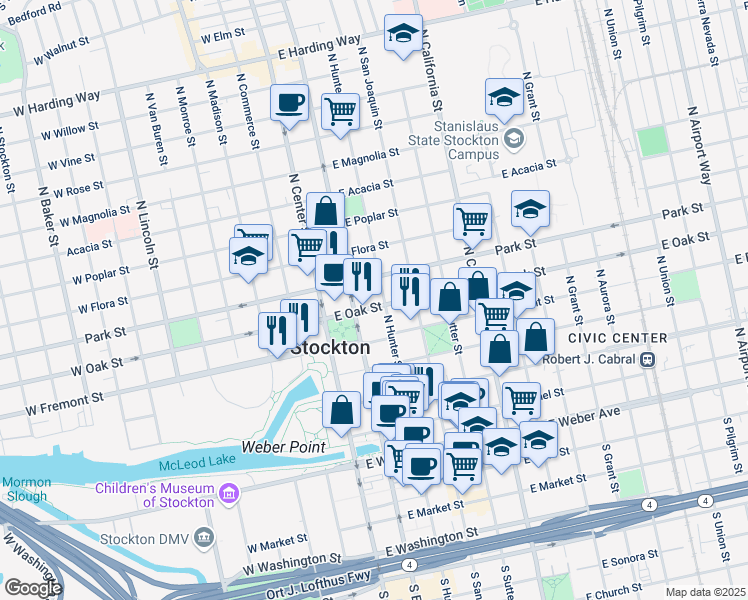 map of restaurants, bars, coffee shops, grocery stores, and more near 610 North Hunter Street in Stockton