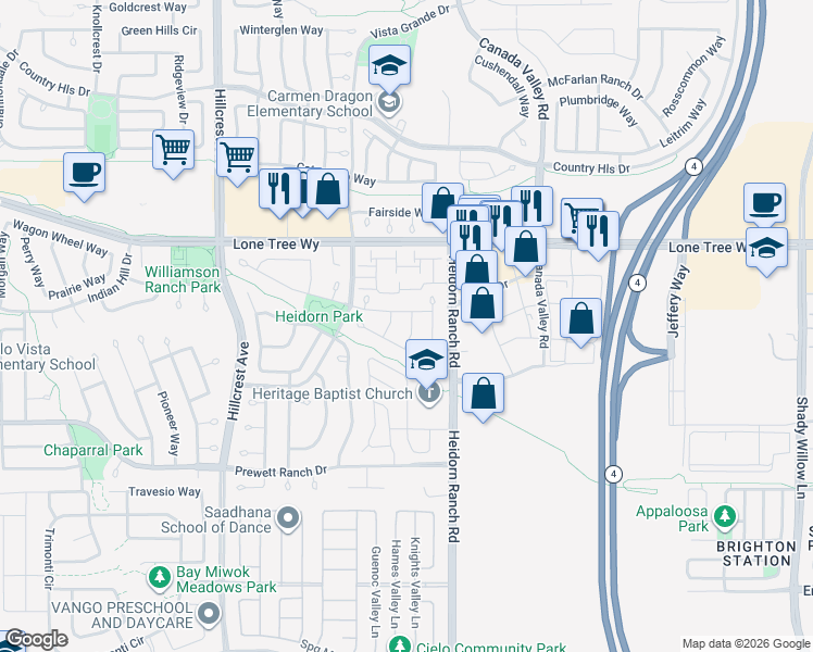 map of restaurants, bars, coffee shops, grocery stores, and more near 5209 Rainwood Way in Antioch