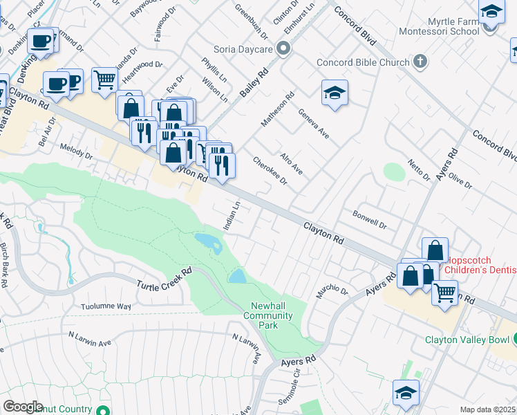 map of restaurants, bars, coffee shops, grocery stores, and more near 4860 Clayton Road in Concord