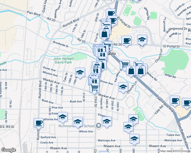map of restaurants, bars, coffee shops, grocery stores, and more near 2211 Dover Avenue in San Pablo