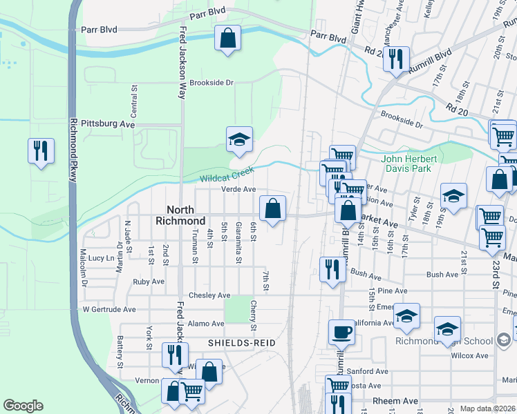 map of restaurants, bars, coffee shops, grocery stores, and more near 567 Market Avenue in Richmond