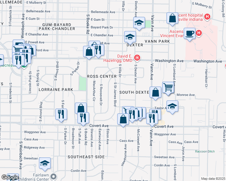 map of restaurants, bars, coffee shops, grocery stores, and more near 1231 South Villa Drive in Evansville