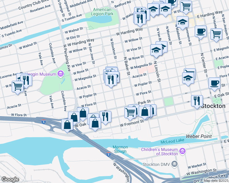 map of restaurants, bars, coffee shops, grocery stores, and more near 946 West Poplar Street in Stockton