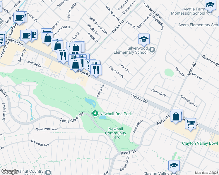 map of restaurants, bars, coffee shops, grocery stores, and more near 4850 Wolf Way in Concord