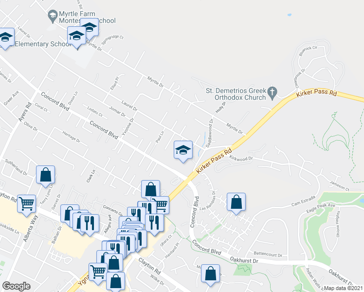 map of restaurants, bars, coffee shops, grocery stores, and more near 1840 Leo Lane in Concord