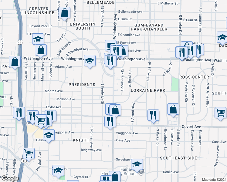 map of restaurants, bars, coffee shops, grocery stores, and more near 1260 South Weinbach Avenue in Evansville