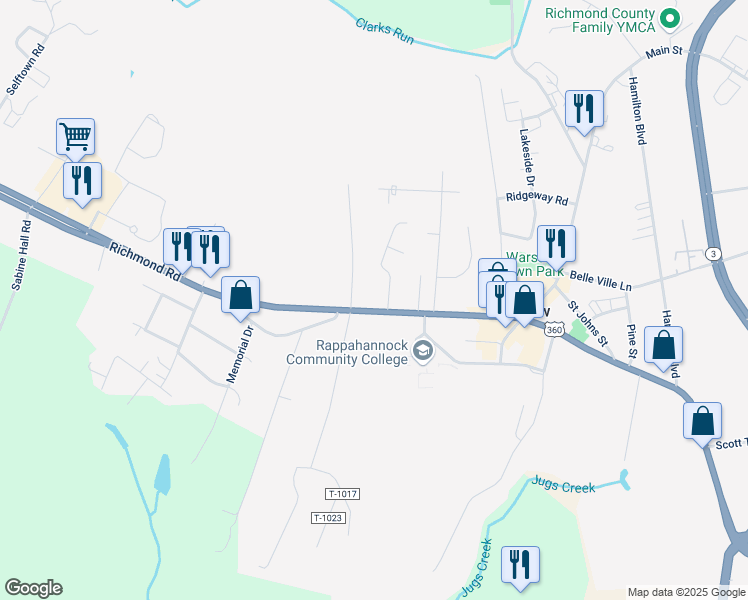 map of restaurants, bars, coffee shops, grocery stores, and more near 5465 Richmond Road in Warsaw