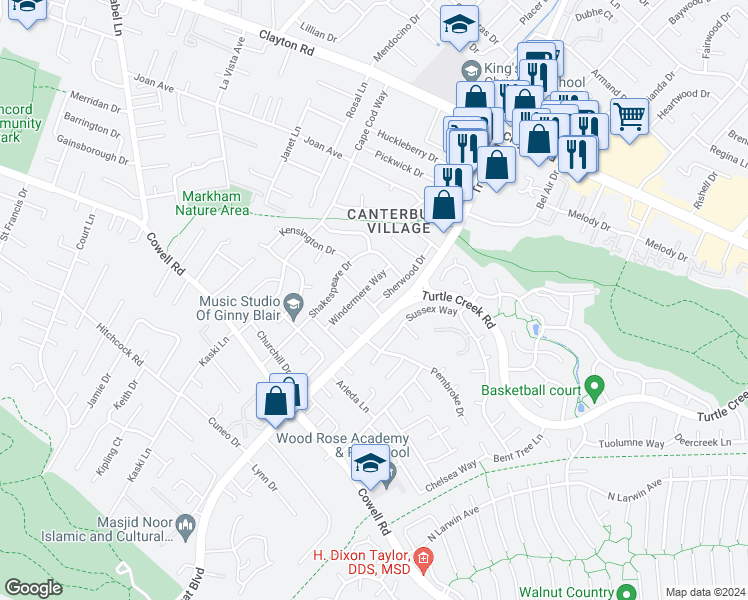 map of restaurants, bars, coffee shops, grocery stores, and more near 4243 Lancelot Drive in Concord