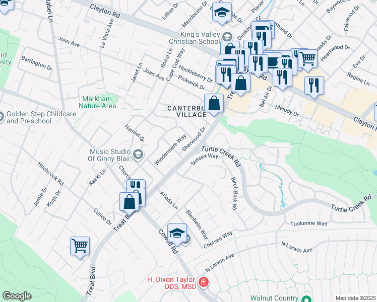 map of restaurants, bars, coffee shops, grocery stores, and more near 4243 Lancelot Drive in Concord