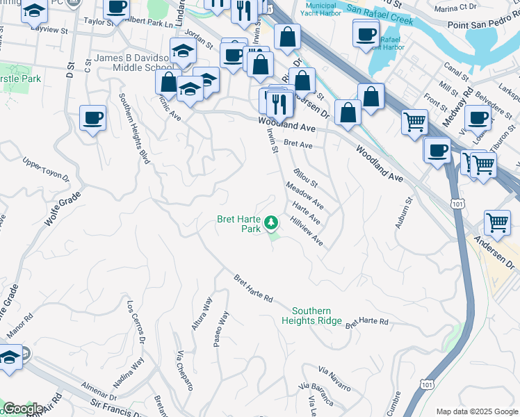 map of restaurants, bars, coffee shops, grocery stores, and more near 47 Baywood Terrace in San Rafael