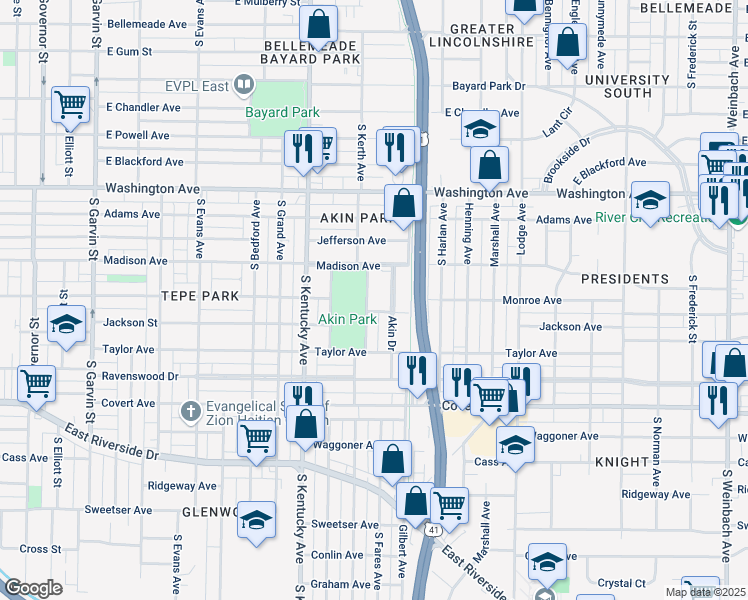 map of restaurants, bars, coffee shops, grocery stores, and more near 1221 Akin Drive in Evansville