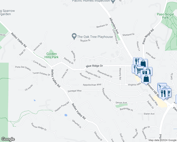 map of restaurants, bars, coffee shops, grocery stores, and more near 440 Virginia Hills Drive in Martinez