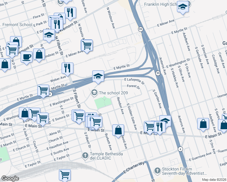 map of restaurants, bars, coffee shops, grocery stores, and more near 213 Rendon Avenue in Stockton