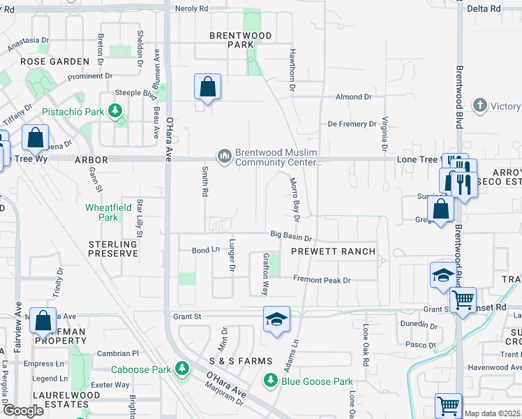 map of restaurants, bars, coffee shops, grocery stores, and more near 2449 Emerald Bay Drive in Brentwood