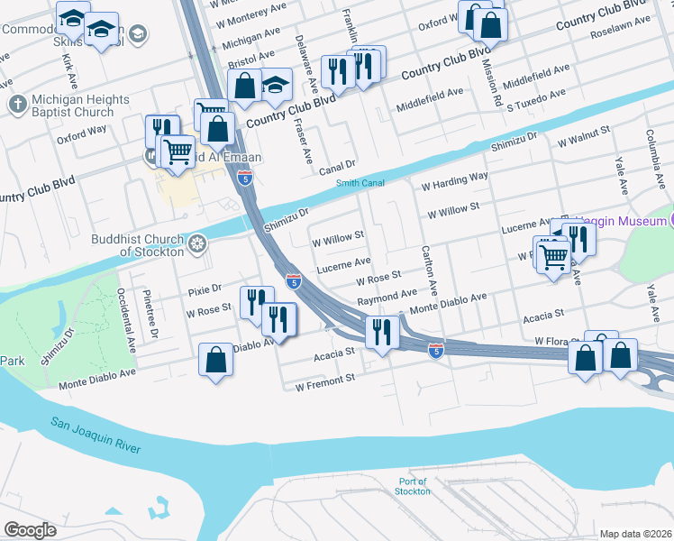 map of restaurants, bars, coffee shops, grocery stores, and more near 2410 Lucerne Avenue in Stockton