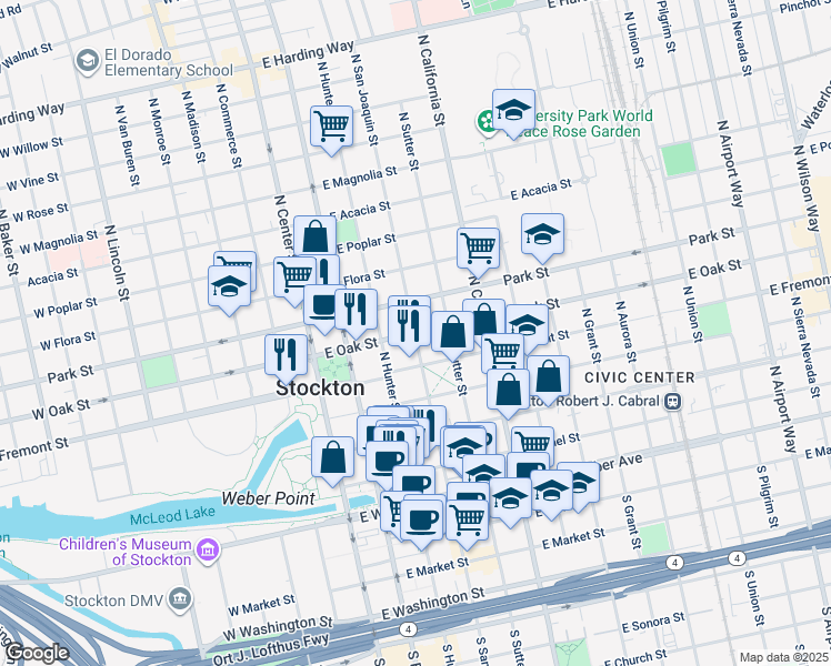 map of restaurants, bars, coffee shops, grocery stores, and more near East Oak Street & North San Joaquin Street in Stockton