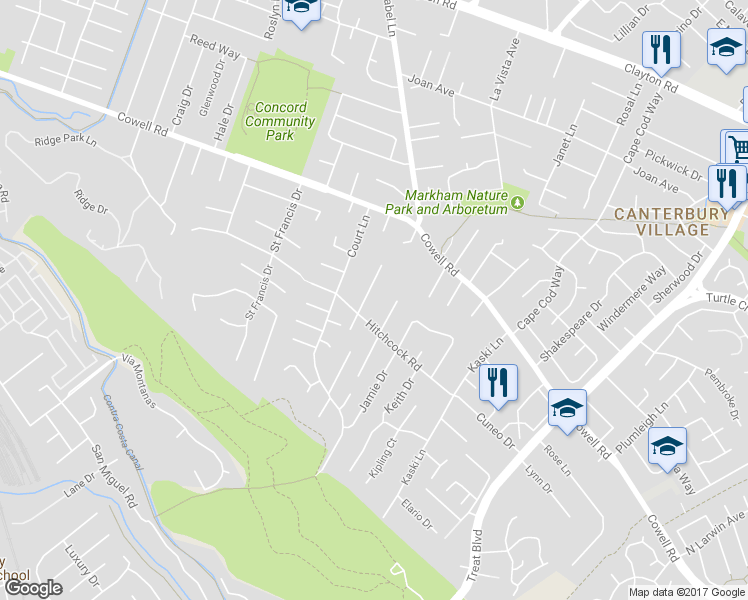 map of restaurants, bars, coffee shops, grocery stores, and more near 1120 Sunrise Hill in Concord