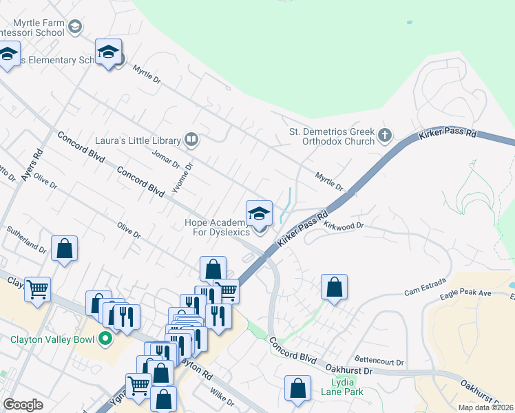 map of restaurants, bars, coffee shops, grocery stores, and more near 1840 Leo Lane in Concord