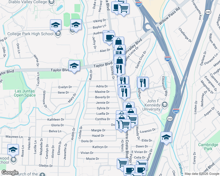 map of restaurants, bars, coffee shops, grocery stores, and more near 112 Maxine Drive in Pleasant Hill