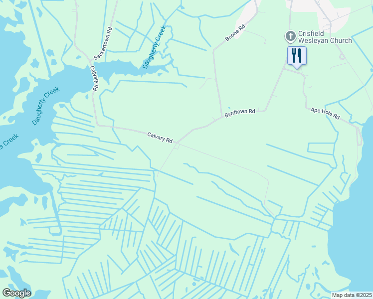 map of restaurants, bars, coffee shops, grocery stores, and more near 2788 Calvary Road in Crisfield