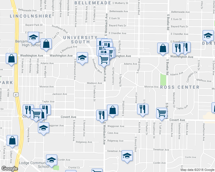map of restaurants, bars, coffee shops, grocery stores, and more near 1252 South Weinbach Avenue in Evansville