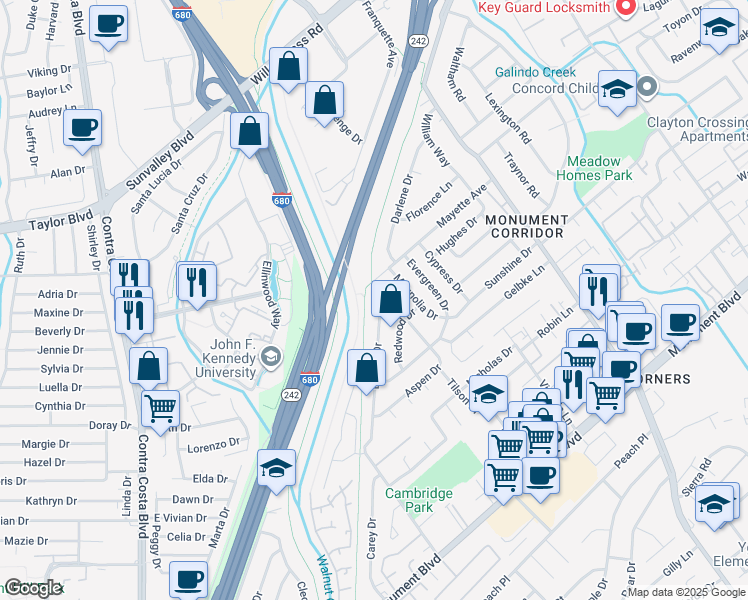 map of restaurants, bars, coffee shops, grocery stores, and more near 1381 May Court in Concord