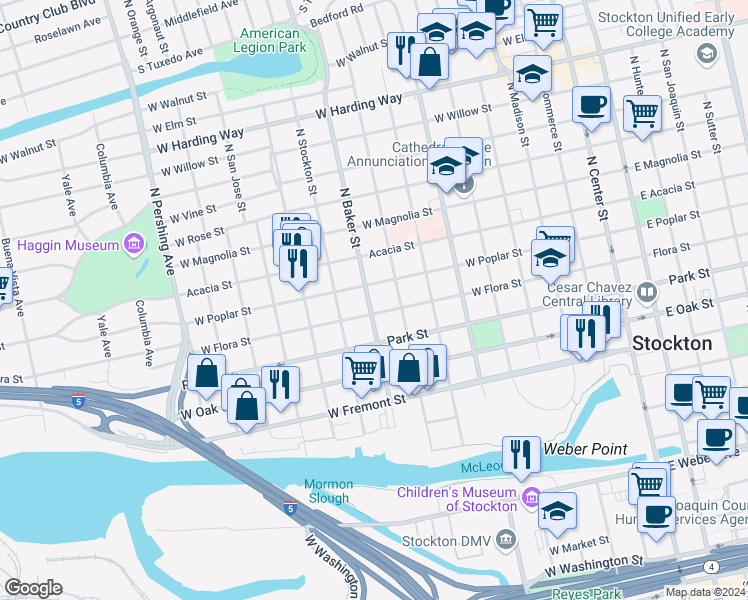 map of restaurants, bars, coffee shops, grocery stores, and more near 820 North Baker Street in Stockton